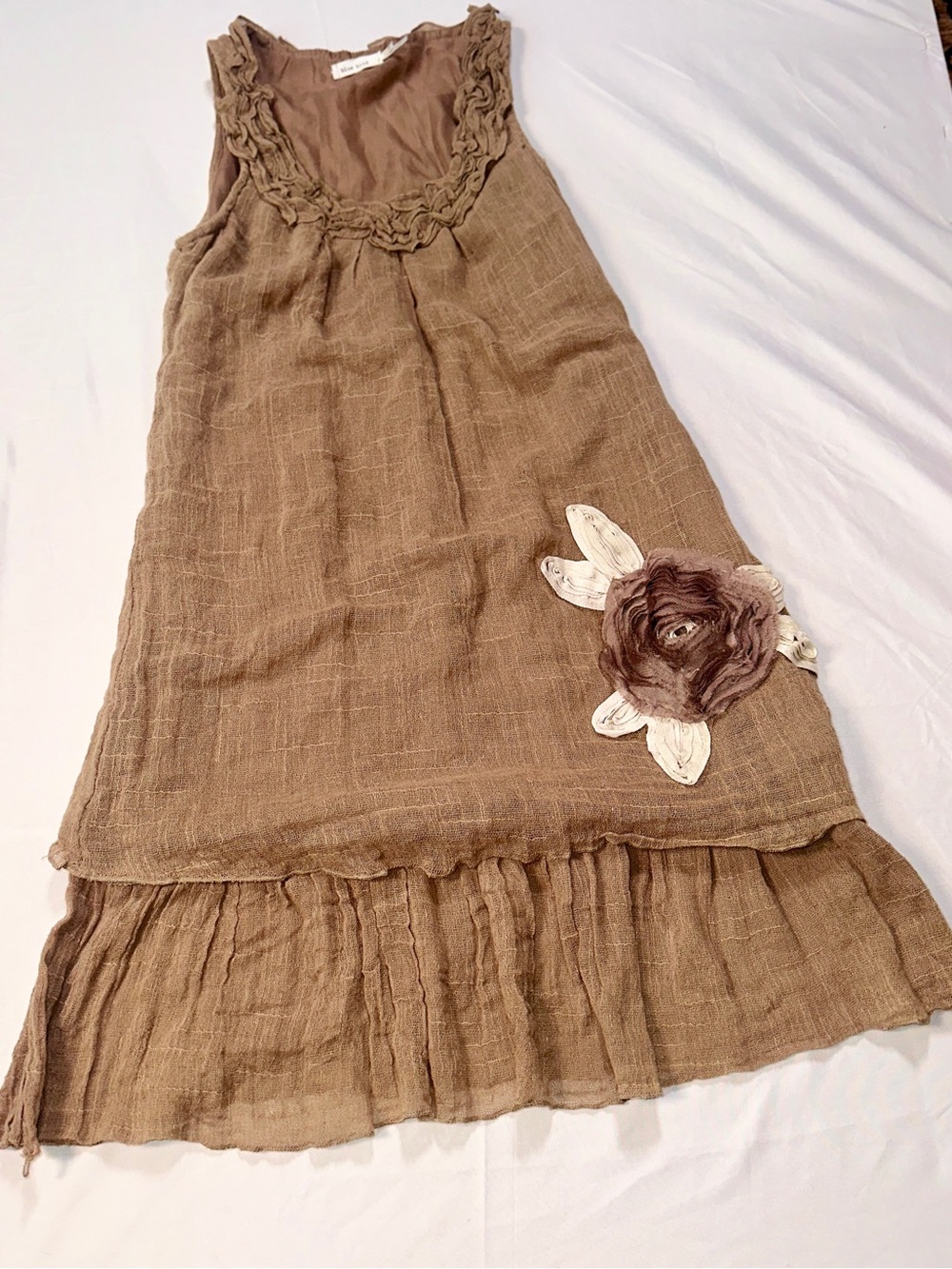 Blue Bird Brown Sleeveless Casual Floral Applique Dress
